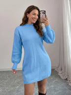 Women's Casual Solid-Color Stand-Collar Loose-Fit Knit Patchwork Dress, Belt Not Included, Fall/Winter Women's Apparel