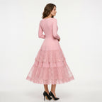 Women Elegant Long Sleeve Midi Dress, Crew Neck High Waist Tiered Lace Ruffle A‑Line Cocktail Party Dress Formal Wedding Guest Evening Dresses