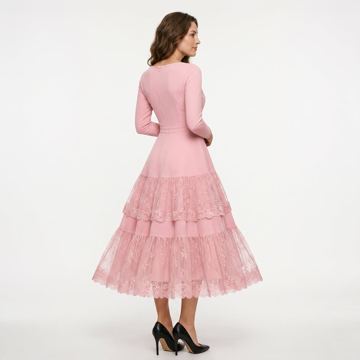 Women Elegant Long Sleeve Midi Dress, Crew Neck High Waist Tiered Lace Ruffle A‑Line Cocktail Party Dress Formal Wedding Guest Evening Dresses