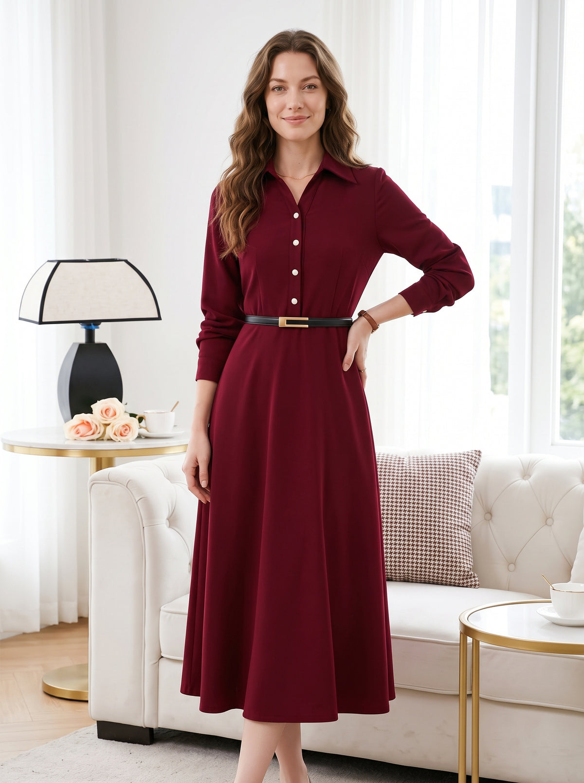 Women Elegant Midi Dress Long Sleeve Office Lady Shirt Dress Turn Down Collar Button A Line Party Work Dress Without Belt Casual