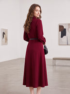 Women Elegant Midi Dress Long Sleeve Office Lady Shirt Dress Turn Down Collar Button A Line Party Work Dress Without Belt Casual