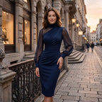 Women Mock Neck Mesh Long Sleeve Midi Dress Asymmetric Ruched Waist Slim Bodycon Elegant Wedding