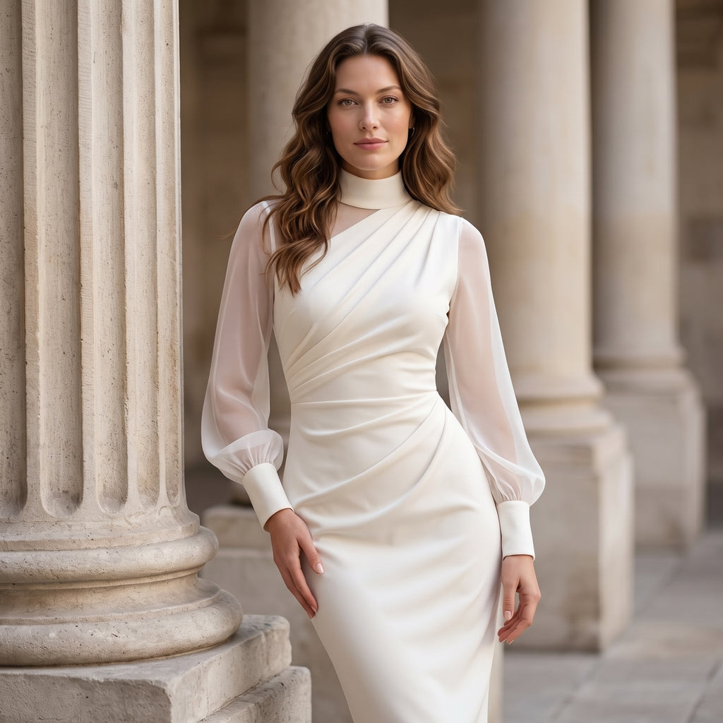 Women Mock Neck Mesh Long Sleeve Midi Dress Asymmetric Ruched Waist Slim Bodycon Elegant Wedding