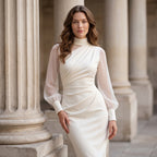 Women Mock Neck Mesh Long Sleeve Midi Dress Asymmetric Ruched Waist Slim Bodycon Elegant Wedding