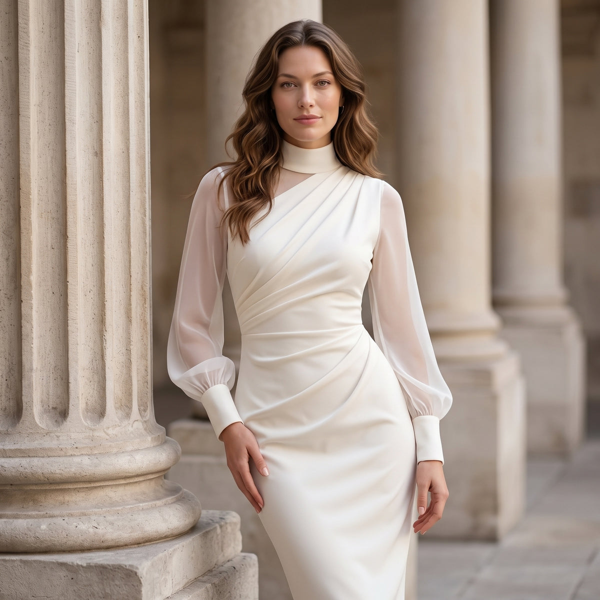 Women Mock Neck Mesh Long Sleeve Midi Dress Asymmetric Ruched Waist Slim Bodycon Elegant Wedding