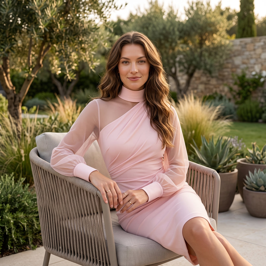 Women Mock Neck Mesh Long Sleeve Midi Dress Asymmetric Ruched Waist Slim Bodycon Elegant Wedding