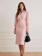 Autumn simple and fashionable V-neck solid colour waist pleated dress women's clothing