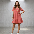 Vintage Solid Elegant Women Dress 2023 Summer Fashion Casual V-Neck High Waist A-Line Mini Dresses Lady Short Sleeve Party Dress