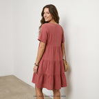 Vintage Solid Elegant Women Dress 2023 Summer Fashion Casual V-Neck High Waist A-Line Mini Dresses Lady Short Sleeve Party Dress