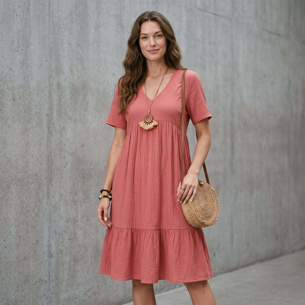 Vintage Solid Elegant Women Dress 2023 Summer Fashion Casual V-Neck High Waist A-Line Mini Dresses Lady Short Sleeve Party Dress