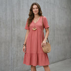 Vintage Solid Elegant Women Dress 2023 Summer Fashion Casual V-Neck High Waist A-Line Mini Dresses Lady Short Sleeve Party Dress