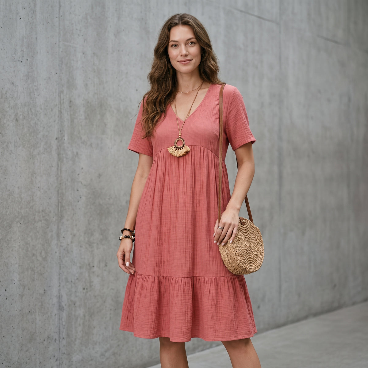 Vintage Solid Elegant Women Dress 2023 Summer Fashion Casual V-Neck High Waist A-Line Mini Dresses Lady Short Sleeve Party Dress