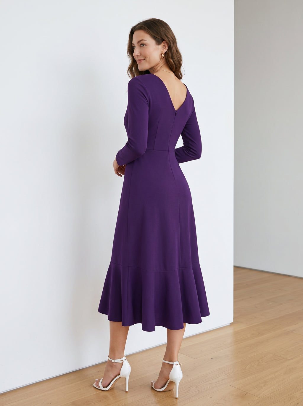 Solid Color Evening Dress, Round Neck, Long Sleeves, Fishtail Skirt, Slim Fit, Elegant Mid-Length Dress