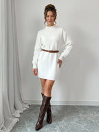 Women's Casual Solid-Color Stand-Collar Loose-Fit Knit Patchwork Dress, Belt Not Included, Fall/Winter Women's Apparel