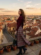 Women's Retro Plaid 2-Piece Set – Ribbed Knit Top & Midi Skirt