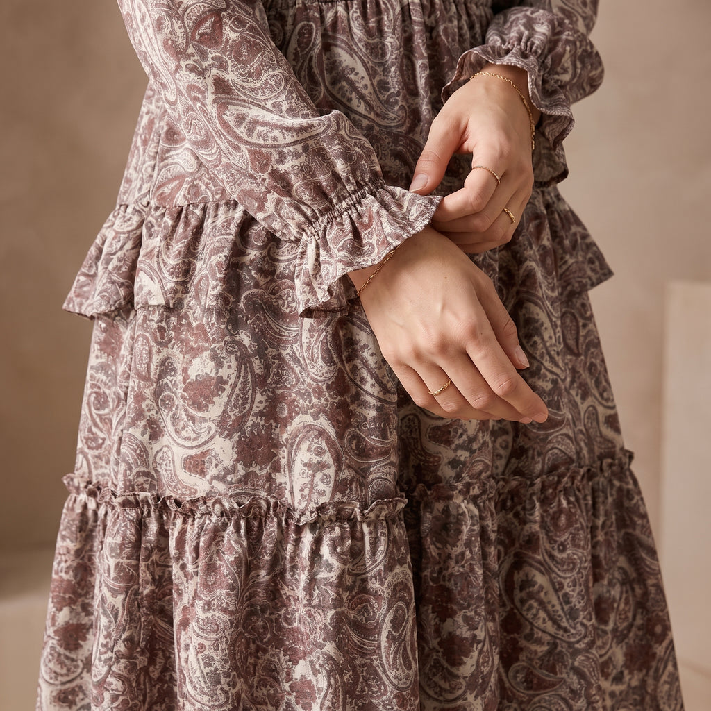 Casual minimalist paisley elegant women's midi dress, bohemian style dress for autumn and winter, daily casual style