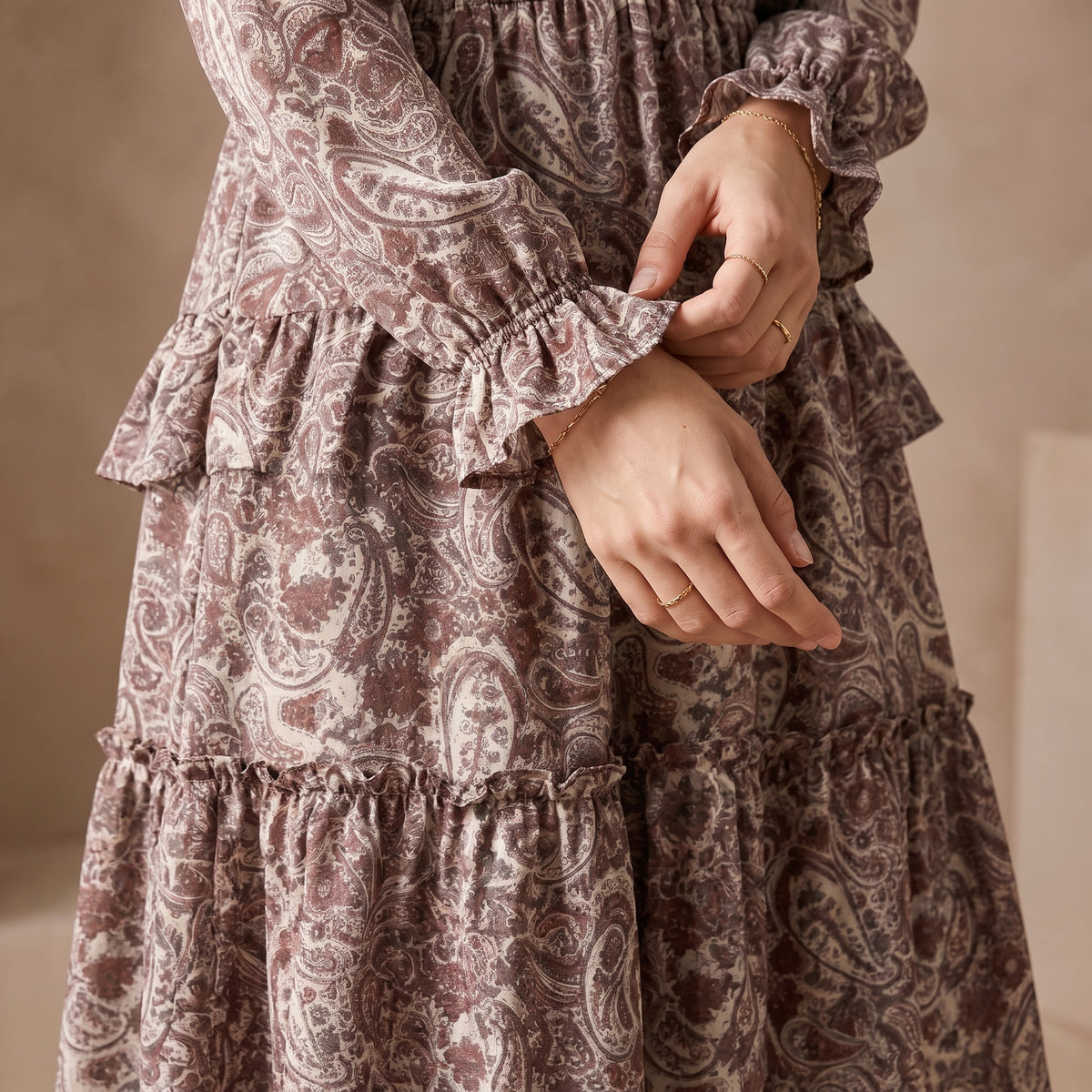 Casual minimalist paisley elegant women's midi dress, bohemian style dress for autumn and winter, daily casual style