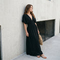 Fashion Bat-sleeved V-neck Slit Dress Summer Short Sleeve Elastic Waist Long Dresses Womens Clothing