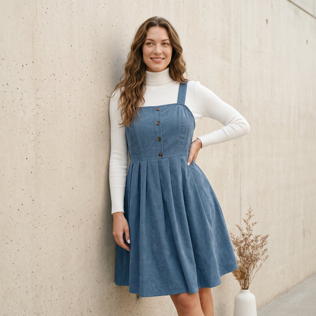 Plus Size Solid Button Front Plicated Pinafore Dress Without Inner Top, Casual Sleeveless High Waist Dress for Spring & Fall