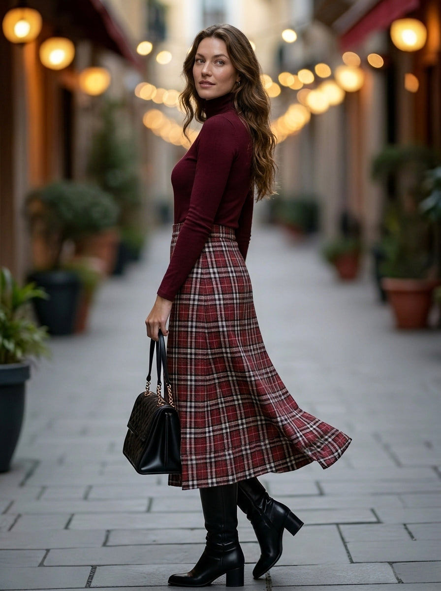 Women's Retro Plaid 2-Piece Set – Ribbed Knit Top & Midi Skirt