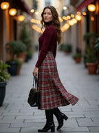 Women's Retro Plaid 2-Piece Set – Ribbed Knit Top & Midi Skirt