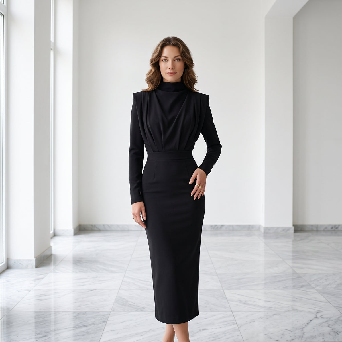 Fashionable Elegant Pure Color Long Sleeve Wrap Waist Dress New Arrival Stylish Classy Gown