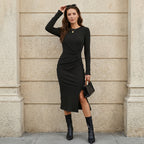 Women's Solid Color Round Neck Belted Slit Hem Midi Dress Casual Long Sleeve Shift Office Autumn