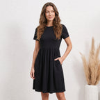 Elastic Waist Short Sleeve Dress Knitted Round Neck Short Sleeve Dress