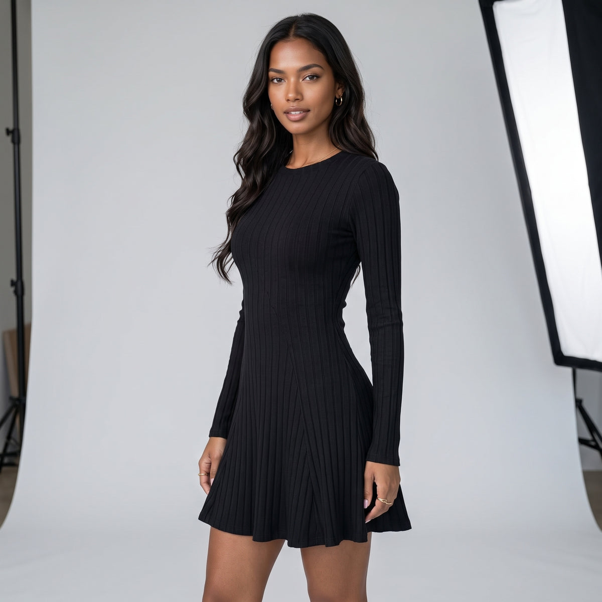 Women's Slim Fit Half High Collar Waist Cinched A-Line Skirt Long Sleeved Pit Stripe Dress