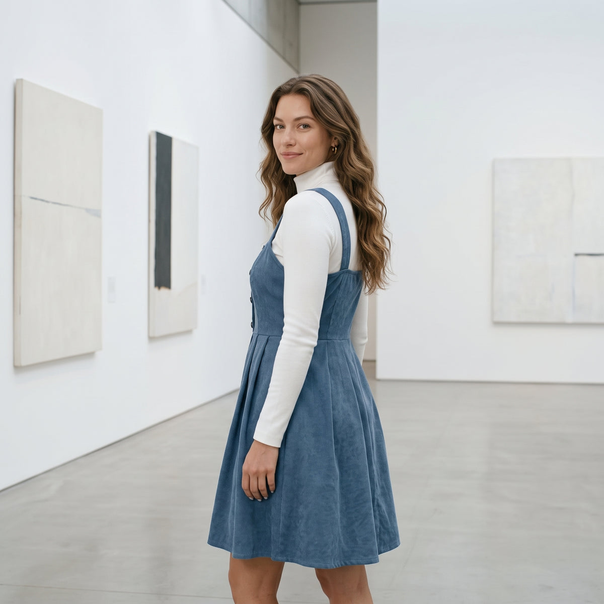 Plus Size Solid Button Front Plicated Pinafore Dress Without Inner Top, Casual Sleeveless High Waist Dress for Spring & Fall