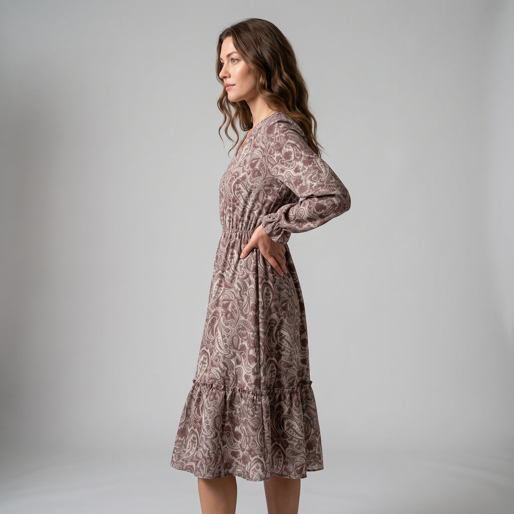 Casual minimalist paisley elegant women's midi dress, bohemian style dress for autumn and winter, daily casual style