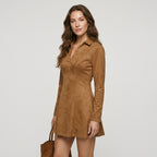 2025 New Arrival Women's Camel Suede Collared V-Neck Long Sleeve Slim A-Line Mini Dress Autumn Winter Daily Date Office