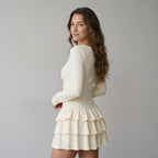 Autumn Winter Solid Color Slim Fit Cascading Ruffles Mini Dress Women Elegant Flare Sleeve High Waist Sexy Party Bodycon Dresses