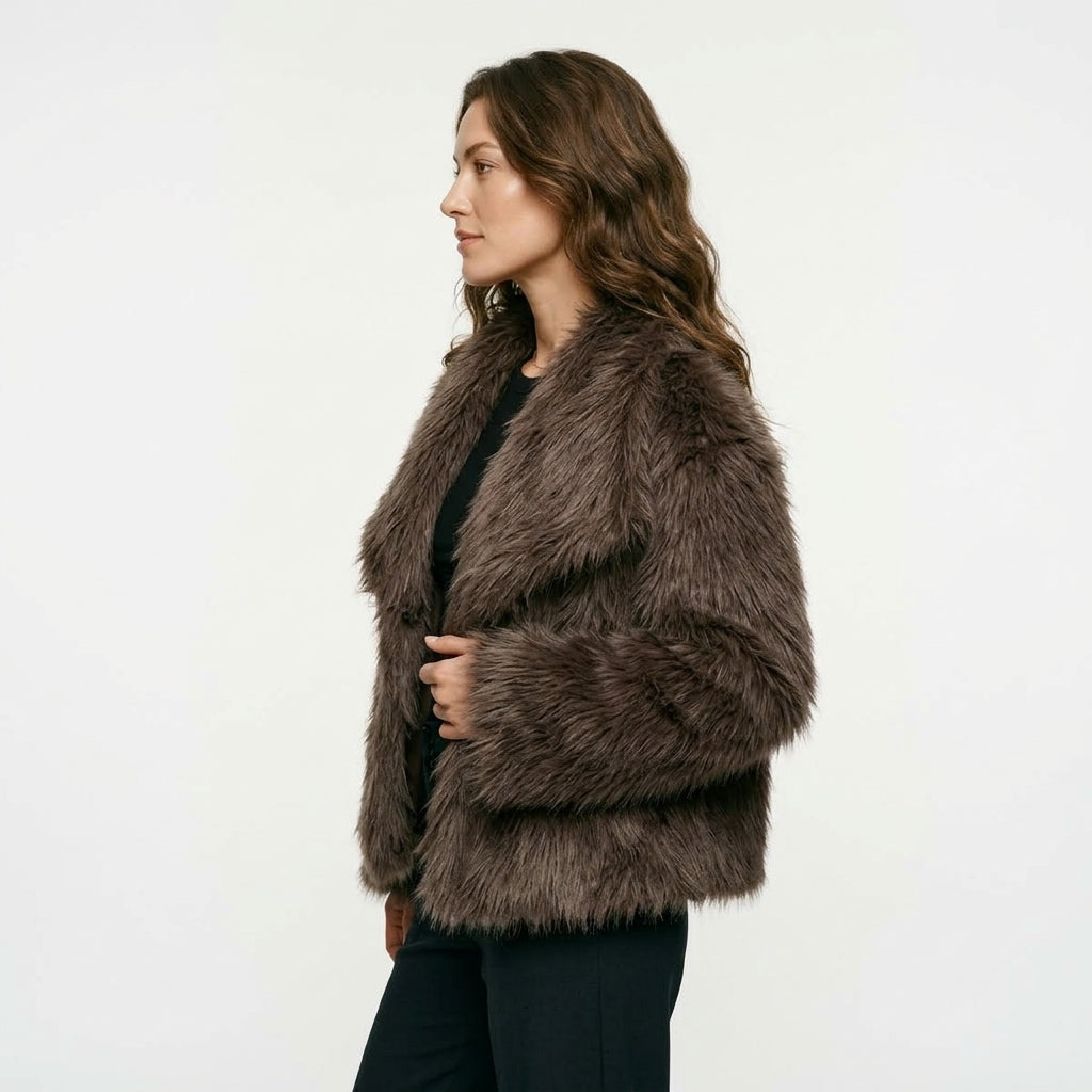 HH Women Fashion Cropped Faux Fur Jacket Coat Long Sleeve Front Snap-button Female Outerwear Chic Lapel Collar Thick Coat