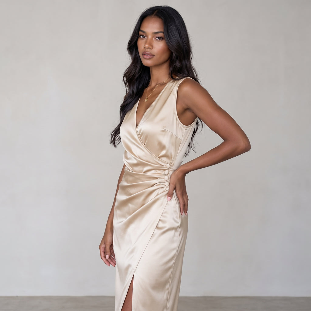 Women'S New V-Neck Short Sleeve Pleated Waist Button-Decorated Side Slit Fitted Dress Satin Dress Elegant Women'S Dress Champagn