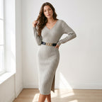 Women Retro Knit Midi Dress V‑Neck With Belt Split Hem Slim Elegant Mature Outfit For Office Party Autumn Winter New Arrival