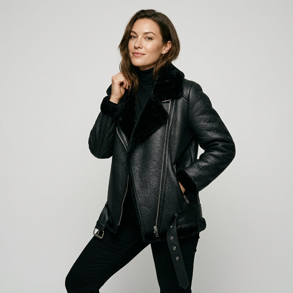 Ailegogo Winter Coats Women Thickness Faux Leather Fur Sheepskin Female Fur Leather Jacket Aviator Outwear Casaco Feminino