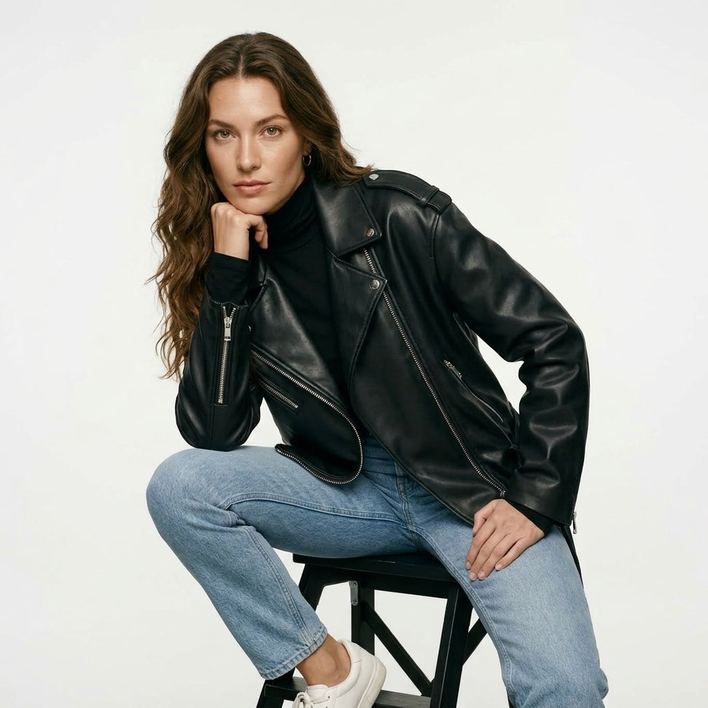 Ailegogo Women Loose Motorcycle Biker Black Pu Faux Leather Jacket with Belt Spring Autumn Female Zipper Coat Outwear