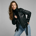 Ailegogo Women Loose Motorcycle Biker Black Pu Faux Leather Jacket with Belt Spring Autumn Female Zipper Coat Outwear