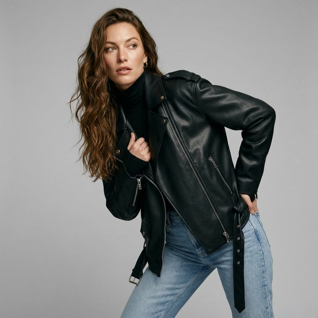 Ailegogo Women Loose Motorcycle Biker Black Pu Faux Leather Jacket with Belt Spring Autumn Female Zipper Coat Outwear