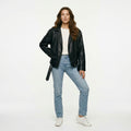 Ailegogo Women Loose Motorcycle Biker Black Pu Faux Leather Jacket with Belt Spring Autumn Female Zipper Coat Outwear
