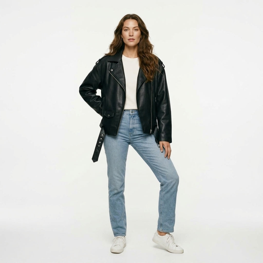 Ailegogo Women Loose Motorcycle Biker Black Pu Faux Leather Jacket with Belt Spring Autumn Female Zipper Coat Outwear