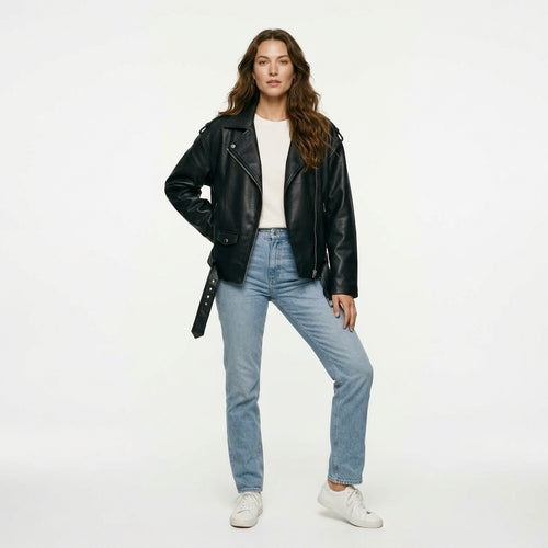 Ailegogo Women Loose Motorcycle Biker Black Pu Faux Leather Jacket with Belt Spring Autumn Female Zipper Coat Outwear