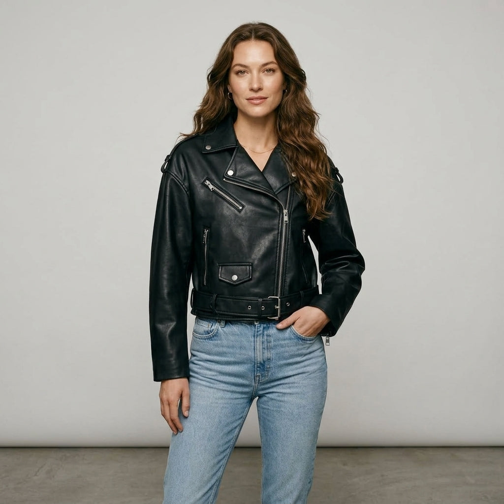 Ailegogo Women Loose Motorcycle Biker Black Pu Faux Leather Jacket with Belt Spring Autumn Female Zipper Coat Outwear