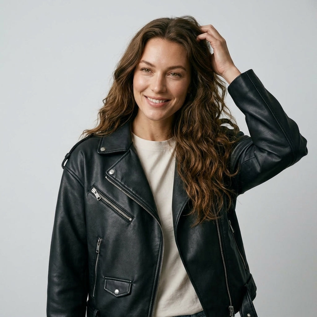 Ailegogo Women Loose Motorcycle Biker Black Pu Faux Leather Jacket with Belt Spring Autumn Female Zipper Coat Outwear