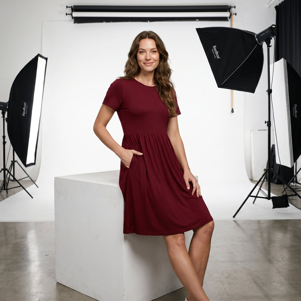 Elastic Waist Short Sleeve Dress Knitted Round Neck Short Sleeve Dress