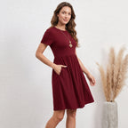 Elastic Waist Short Sleeve Dress Knitted Round Neck Short Sleeve Dress
