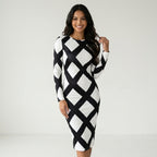 Women Black White Diamond Plaid Long Sleeve Bodycon Midi Dress Round Neck Slim Fit Evening Club Party Sheath Pencil Dress