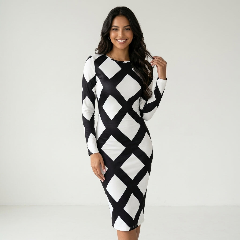 Women Black White Diamond Plaid Long Sleeve Bodycon Midi Dress Round Neck Slim Fit Evening Club Party Sheath Pencil Dress