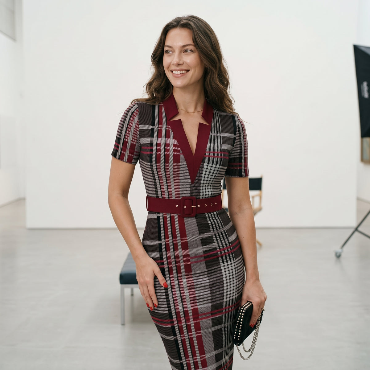 Women's Sexy Geometric Pattern V-Neck Midi Pencil Dress with Belt, Long Sleeve Knit Bodycon Dress, Suitable for All Seasons